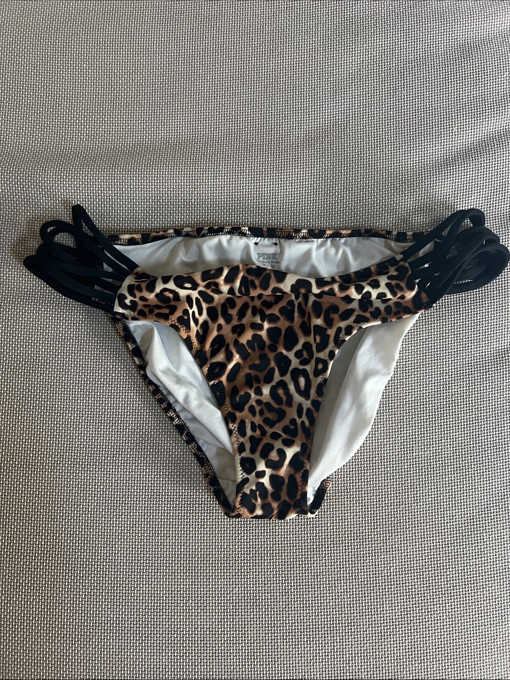 PINK Victoria's Secret Leopard Print Bikini Bottoms with Black Side Straps